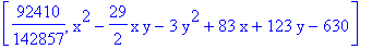 [92410/142857, x^2-29/2*x*y-3*y^2+83*x+123*y-630]